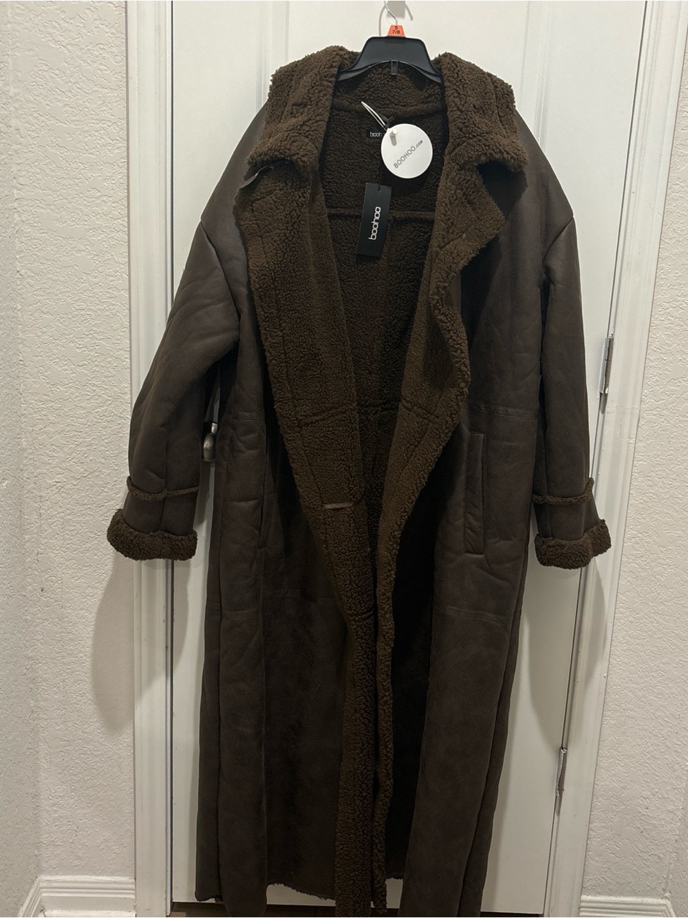 Boohoo Chocolate Brown Long Faux Shearling Pea Coat